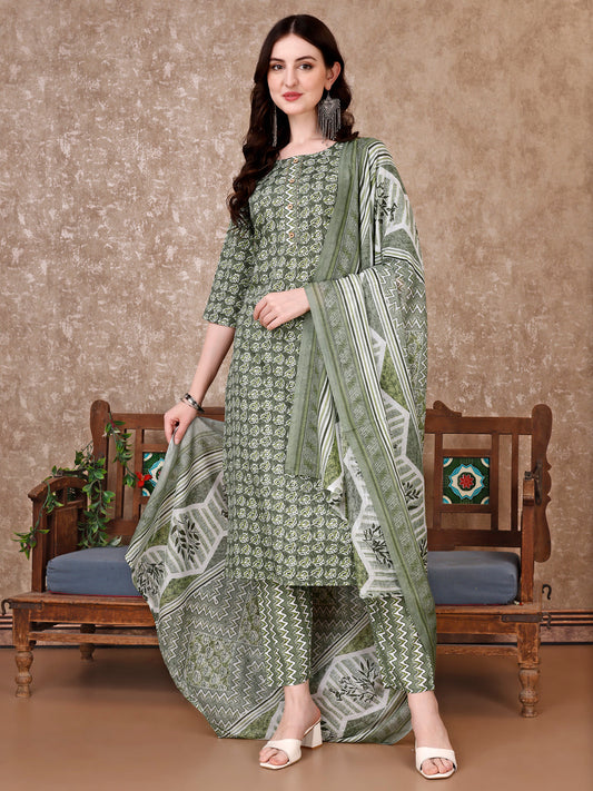 Leaf Printed Kurta With Printed Pant & Dupatta, Multicolor - Hiral Fashion