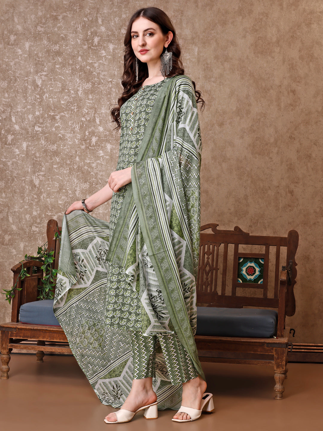 Leaf Printed Kurta With Printed Pant & Dupatta, Multicolor - Hiral Fashion