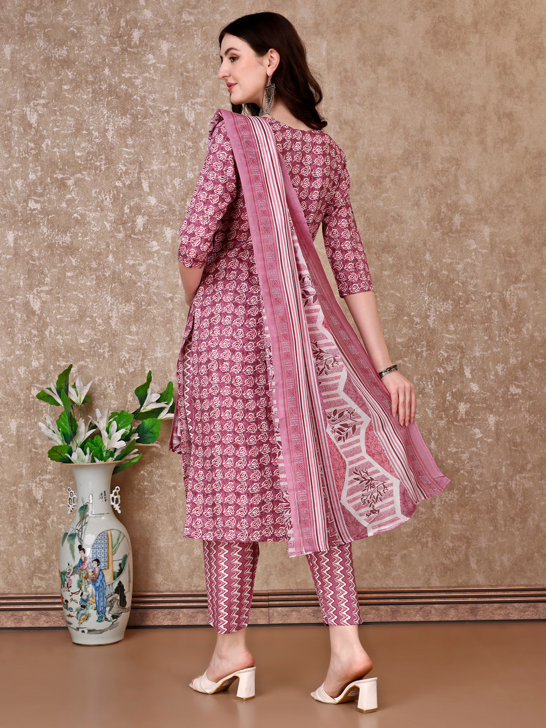 Leaf Printed Kurta With Printed Pant & Dupatta, Multicolor - Hiral Fashion