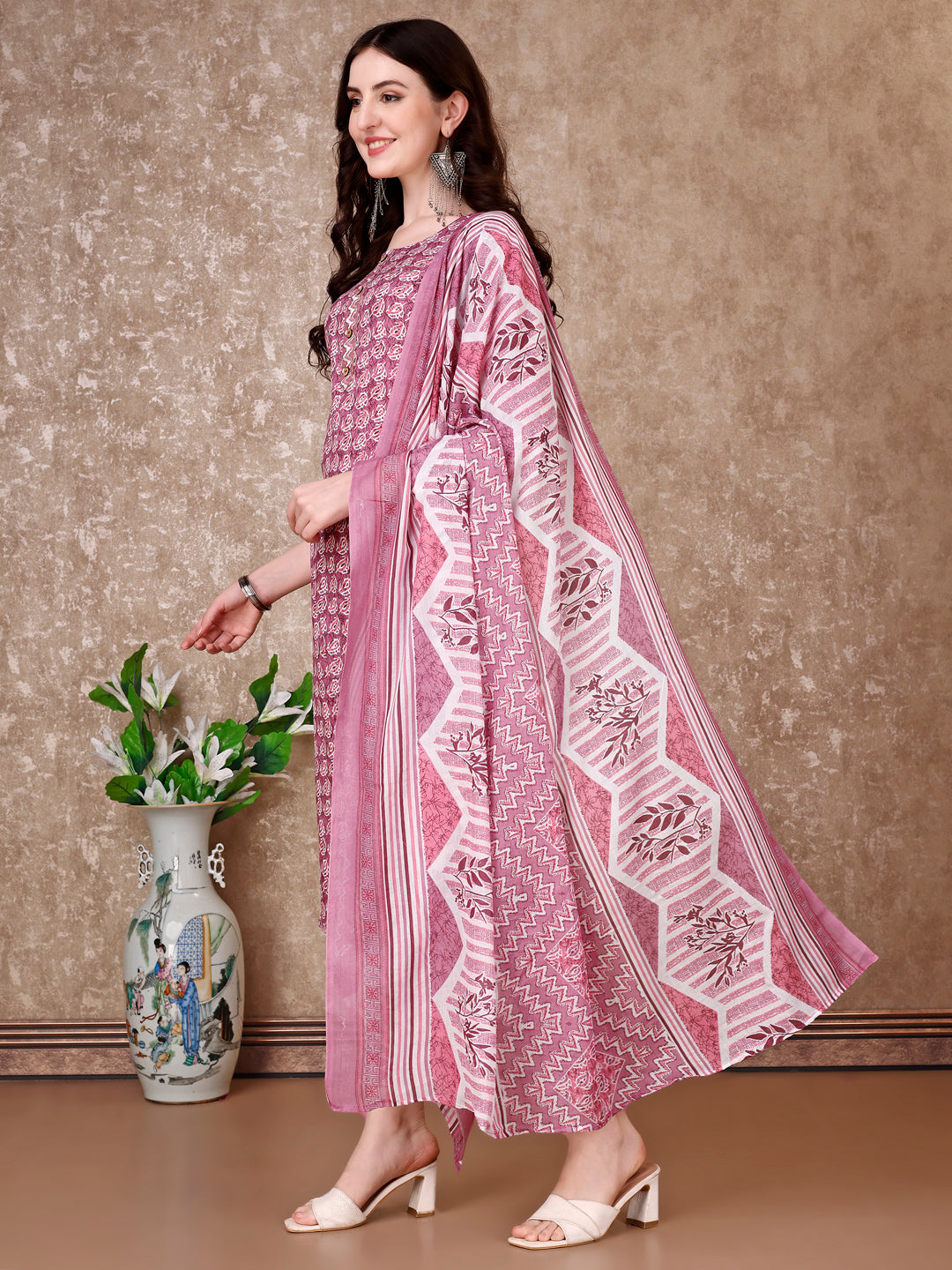 Leaf Printed Kurta With Printed Pant & Dupatta, Multicolor - Hiral Fashion