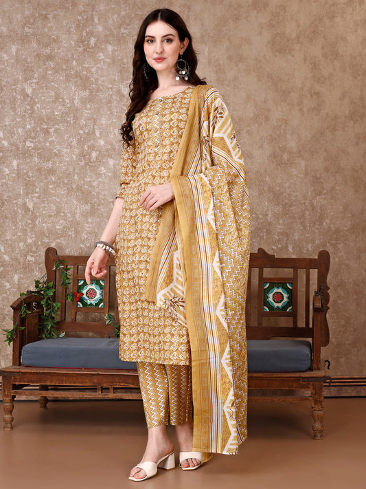 Leaf Printed Kurta With Printed Pant & Dupatta, Multicolor - Hiral Fashion