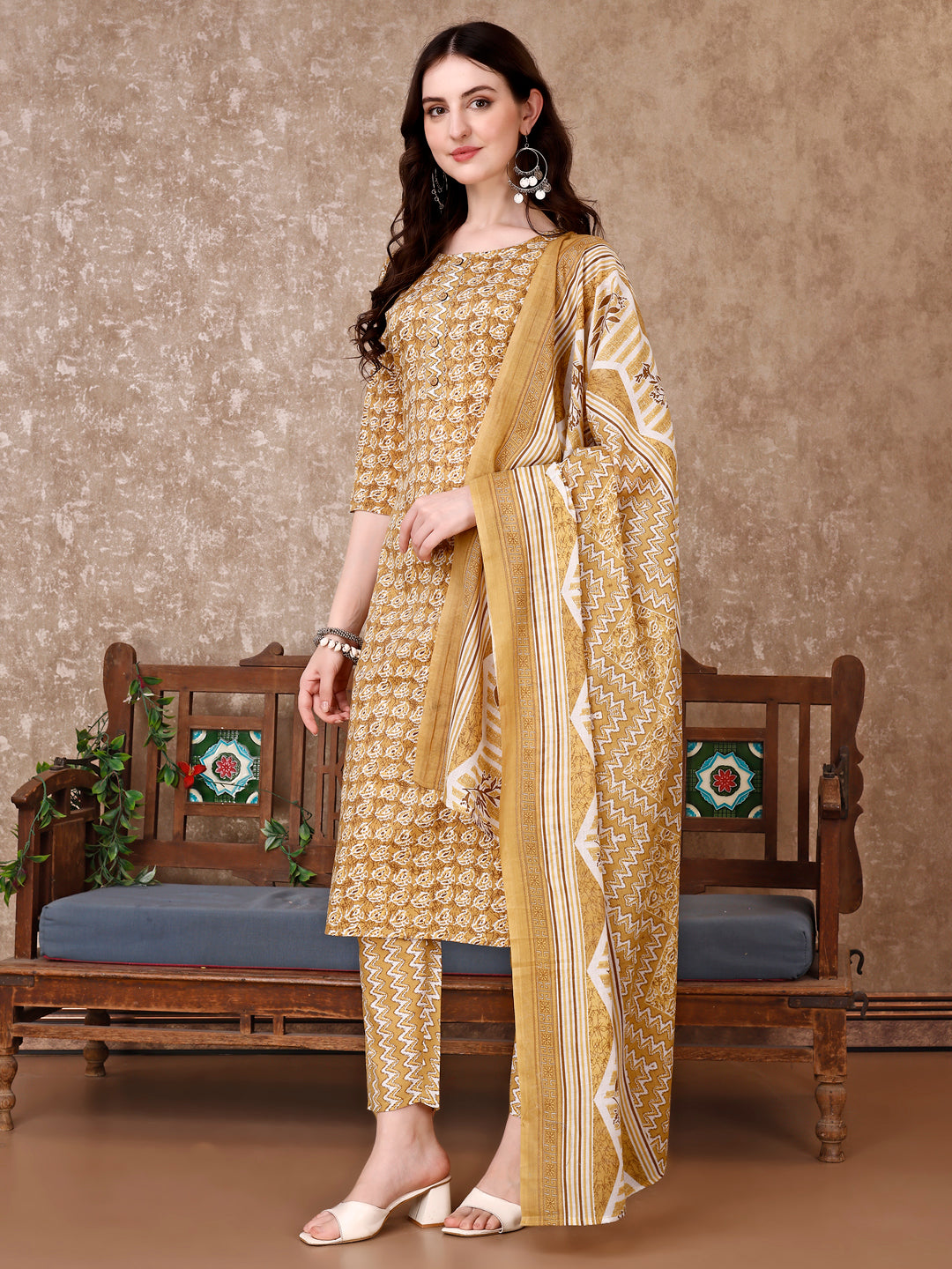 Leaf Printed Kurta With Printed Pant & Dupatta, Multicolor - Hiral Fashion