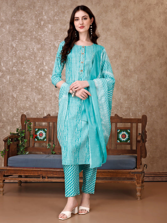 Printed Kurta With Printed Pant & Dupatta, Multicolor - Hiral Fashion