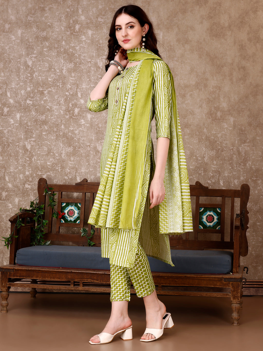 Printed Kurta With Printed Pant & Dupatta, Multicolor - Hiral Fashion