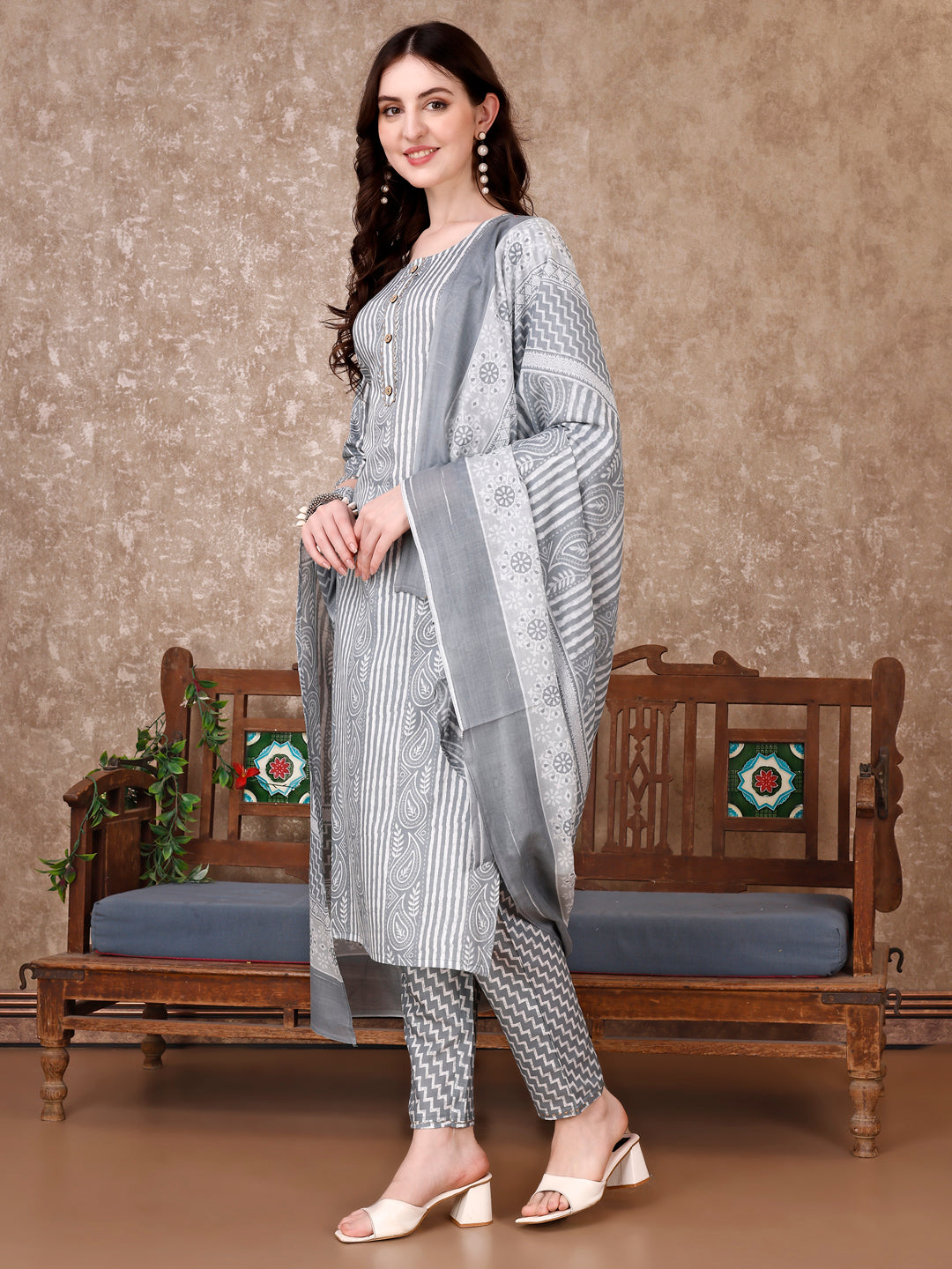 Printed Kurta With Printed Pant & Dupatta, Multicolor - Hiral Fashion
