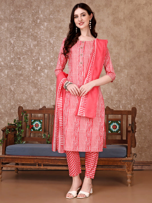 Printed Kurta With Printed Pant & Dupatta, Multicolor - Hiral Fashion