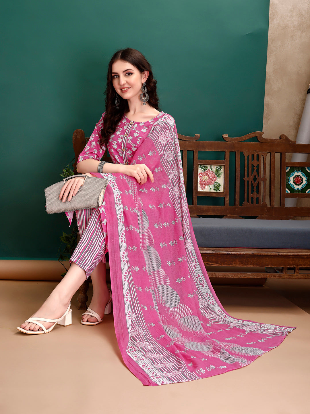 Ethnic Motifs Printed Kurta With Ethnic Motifs Printed Kurta With Printed Pant & Dupatta, Multicolor - Hiral Fashion