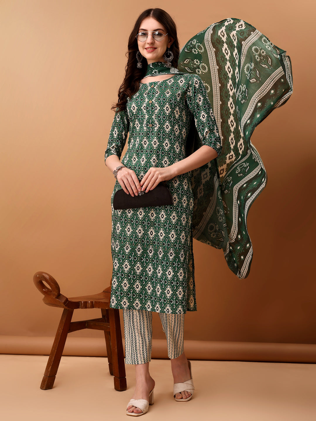 Ethnic Motifs Printed Kurta With Pant & Dupatta, Green - Hiral Fashion