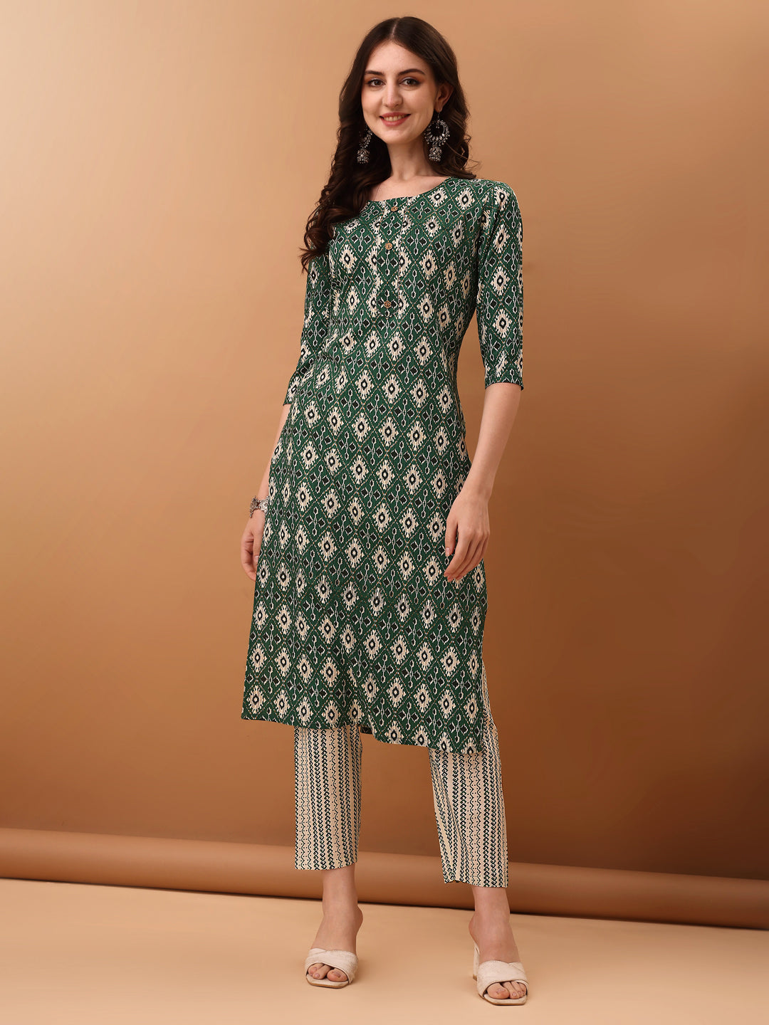 Ethnic Motifs Printed Kurta With Pant & Dupatta, Green - Hiral Fashion