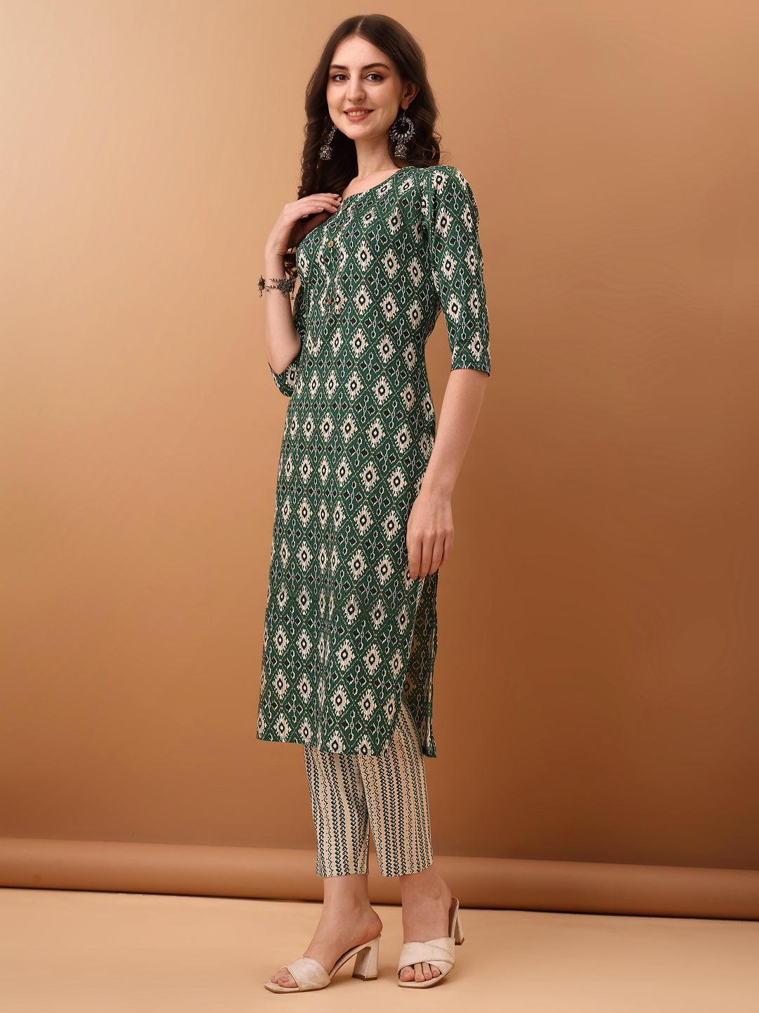 Ethnic Motifs Printed Kurta With Pant & Dupatta, Green - Hiral Fashion