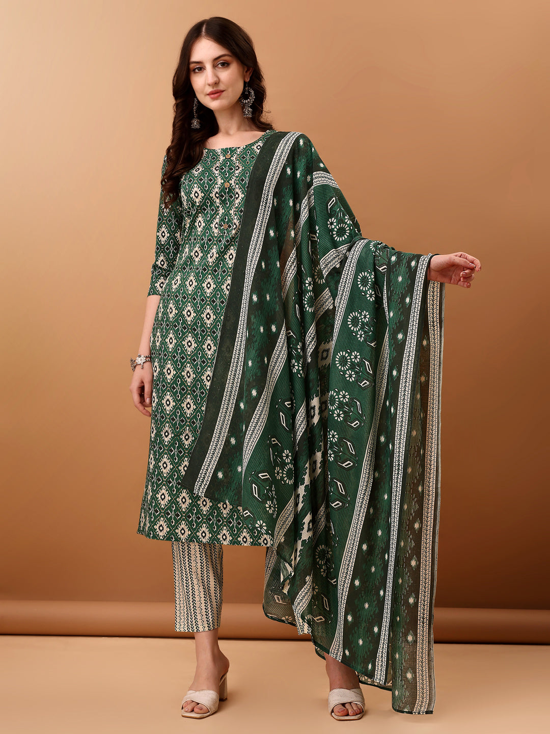 Ethnic Motifs Printed Kurta With Pant & Dupatta, Green - Hiral Fashion