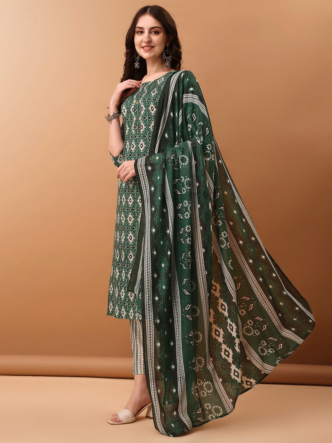 Ethnic Motifs Printed Kurta With Pant & Dupatta, Green - Hiral Fashion