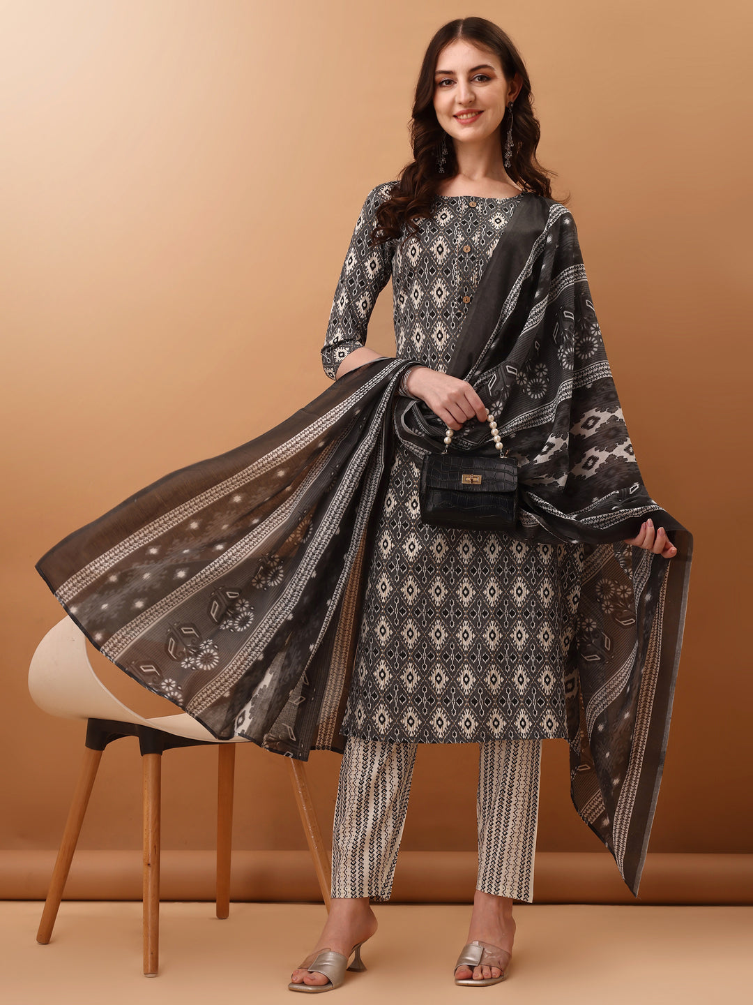 Ethnic Motifs Printed Kurta With Pant & Dupatta, Grey - Hiral Fashion