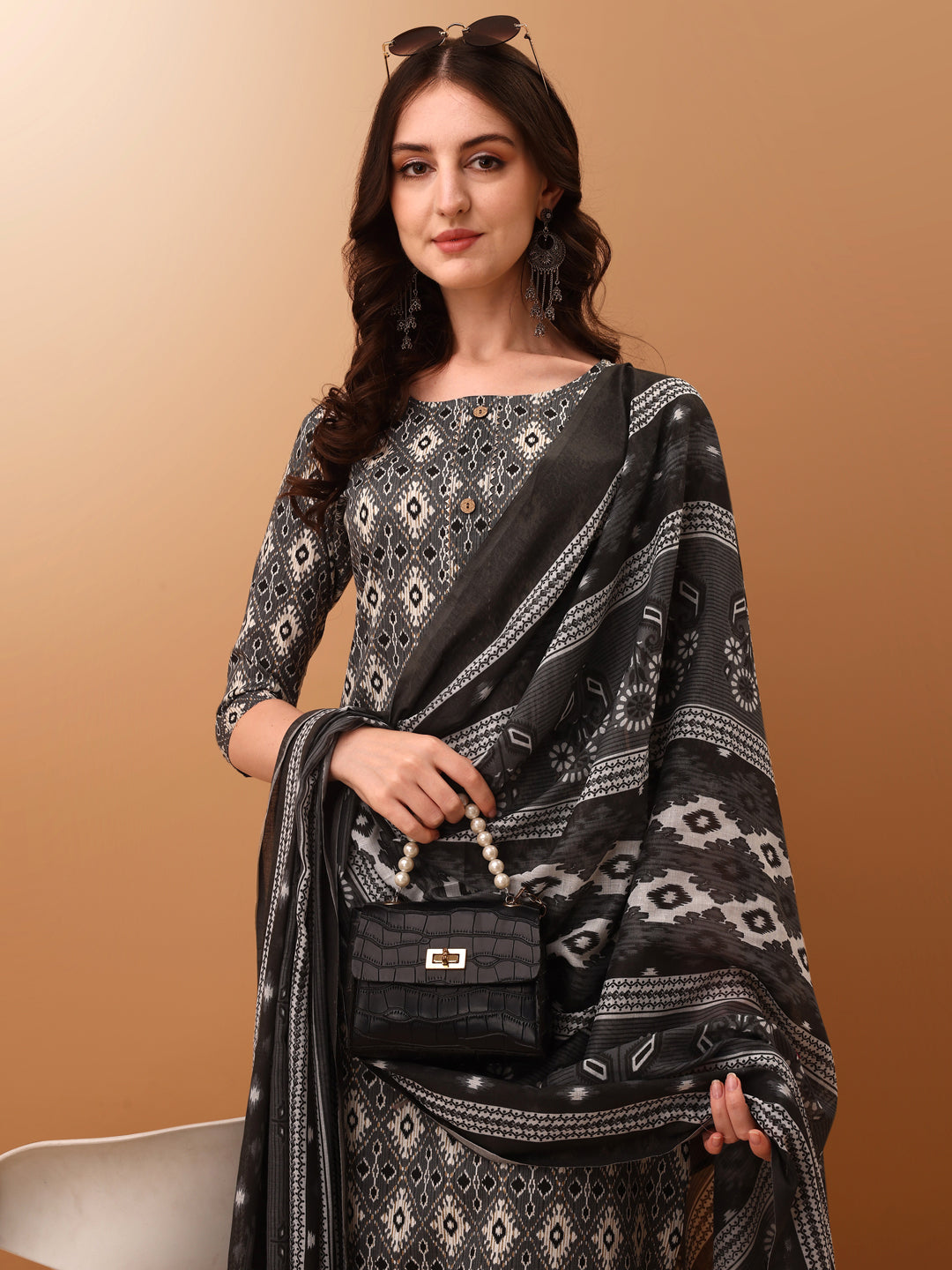 Ethnic Motifs Printed Kurta With Pant & Dupatta, Grey - Hiral Fashion