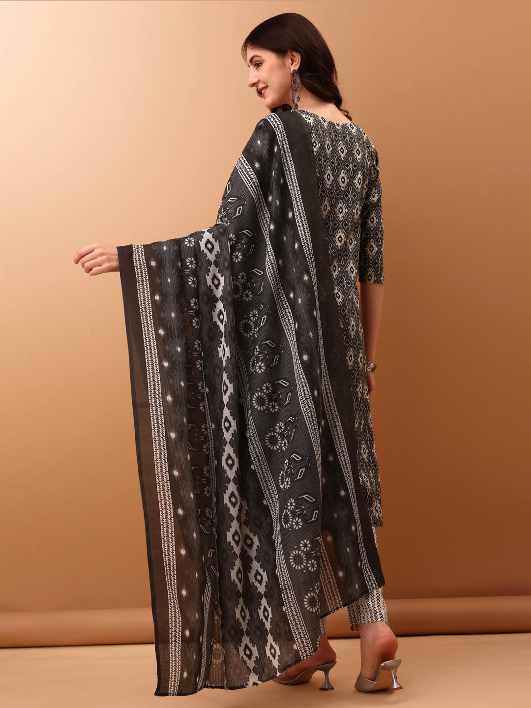 Ethnic Motifs Printed Kurta With Pant & Dupatta, Grey - Hiral Fashion