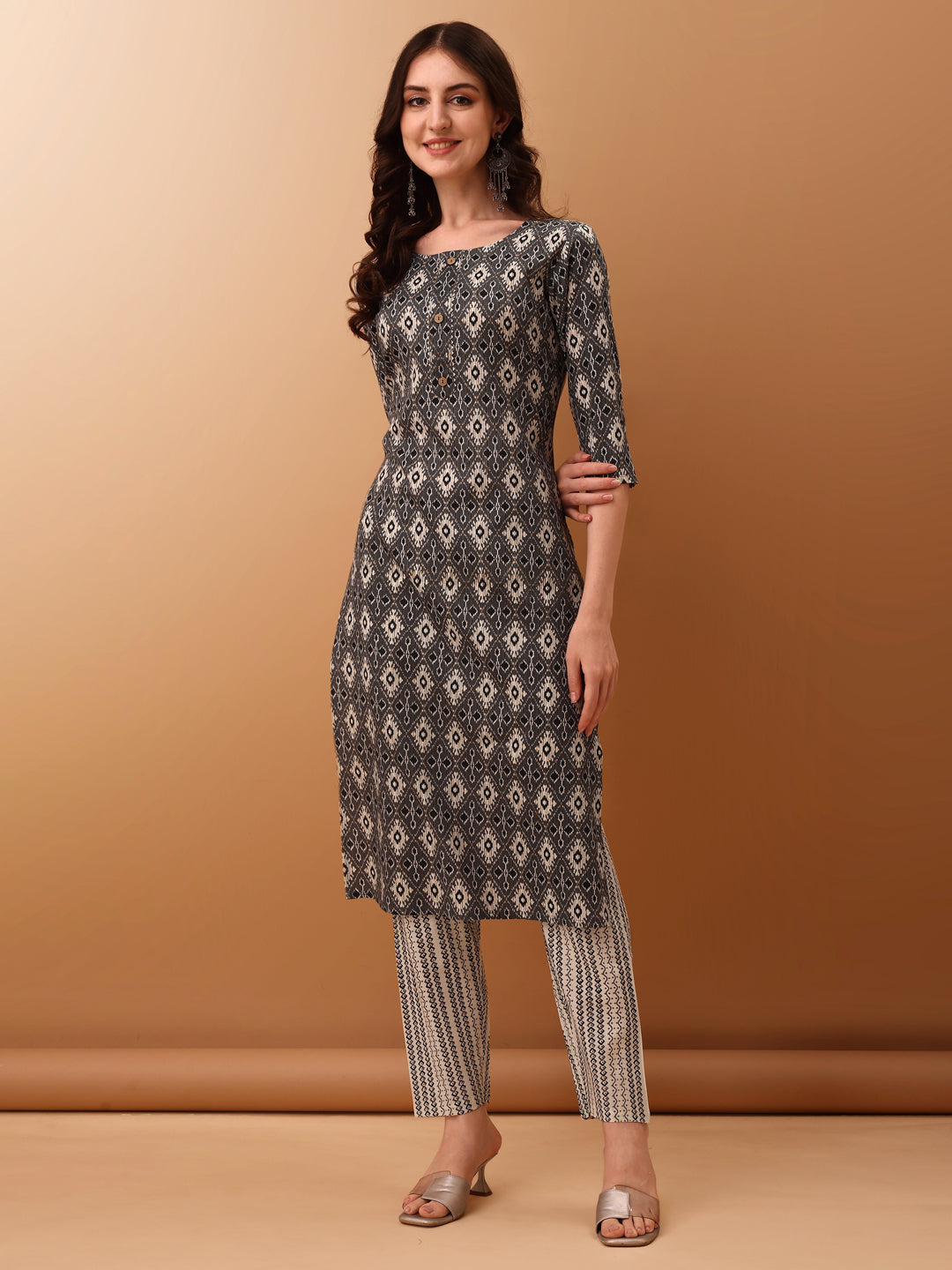 Ethnic Motifs Printed Kurta With Pant & Dupatta, Grey - Hiral Fashion