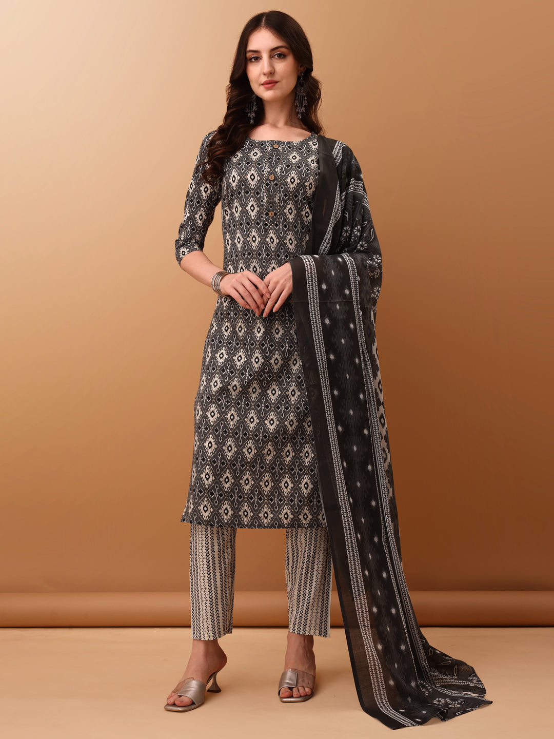 Ethnic Motifs Printed Kurta With Pant & Dupatta, Grey - Hiral Fashion