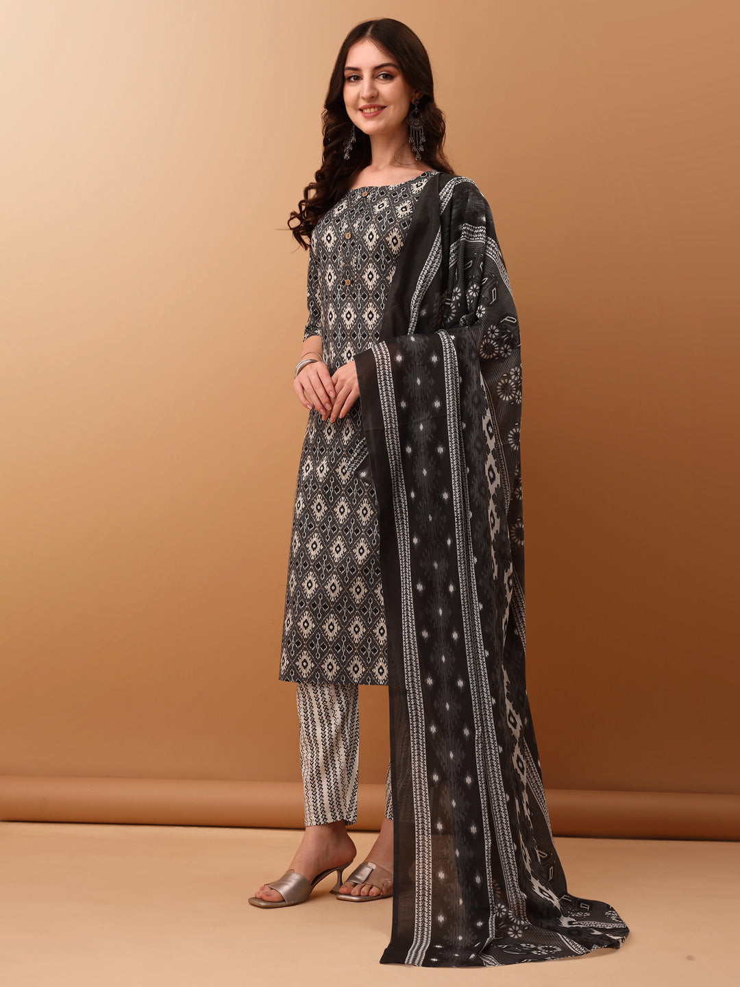 Ethnic Motifs Printed Kurta With Pant & Dupatta, Grey - Hiral Fashion