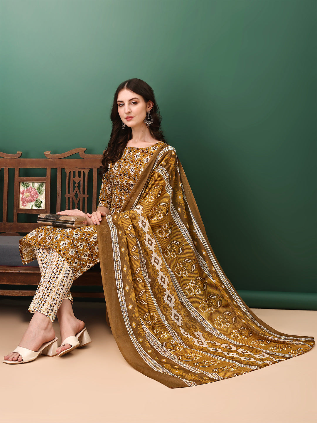 Ethnic Motifs Printed Kurta With Pant & Dupatta, Mustard - Hiral Fashion