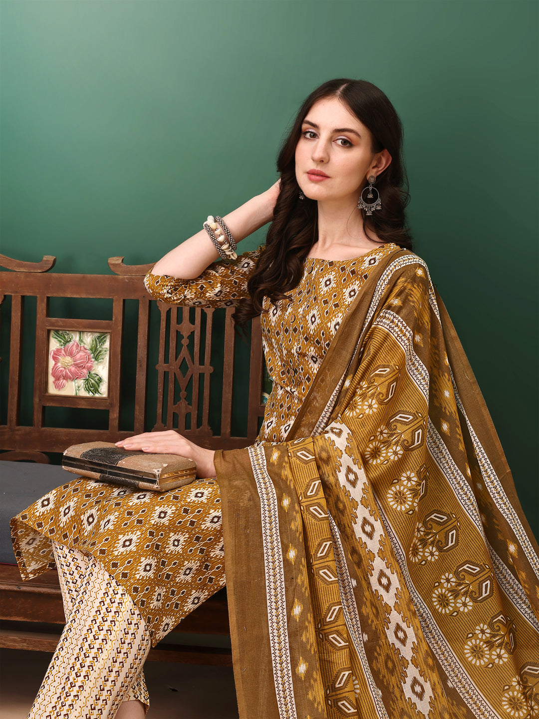 Ethnic Motifs Printed Kurta With Pant & Dupatta, Mustard - Hiral Fashion