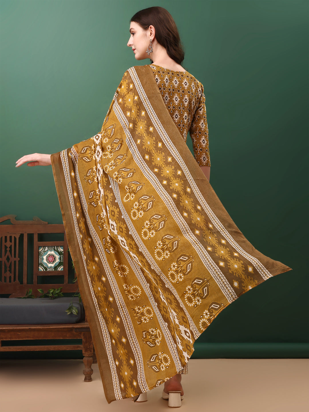 Ethnic Motifs Printed Kurta With Pant & Dupatta, Mustard - Hiral Fashion