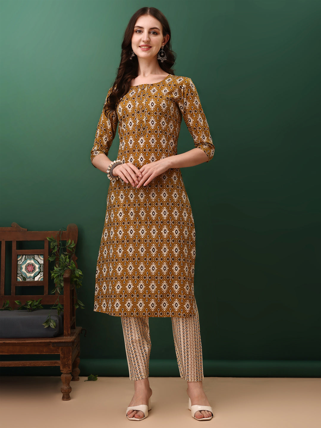 Ethnic Motifs Printed Kurta With Pant & Dupatta, Mustard - Hiral Fashion