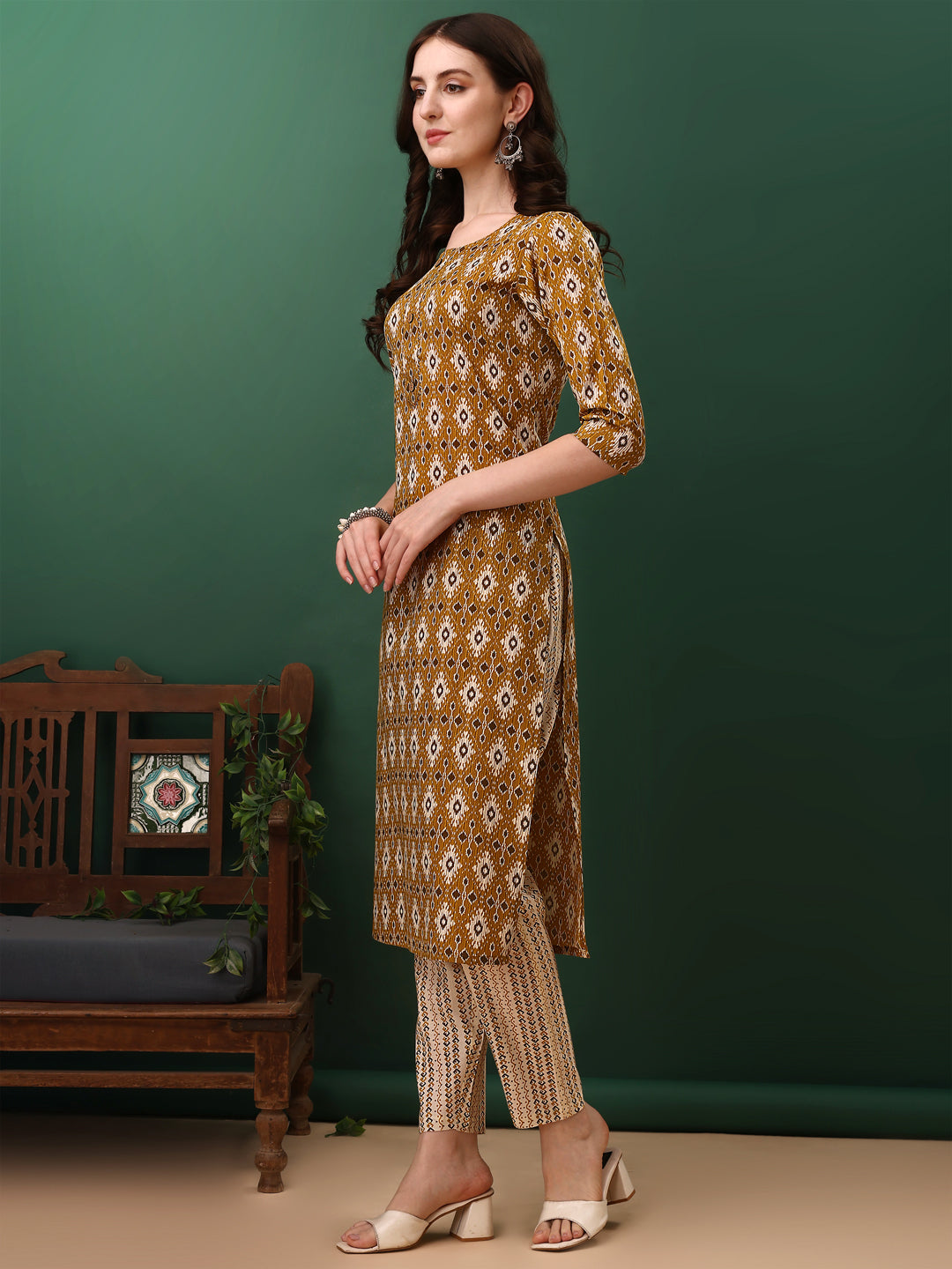 Ethnic Motifs Printed Kurta With Pant & Dupatta, Mustard - Hiral Fashion