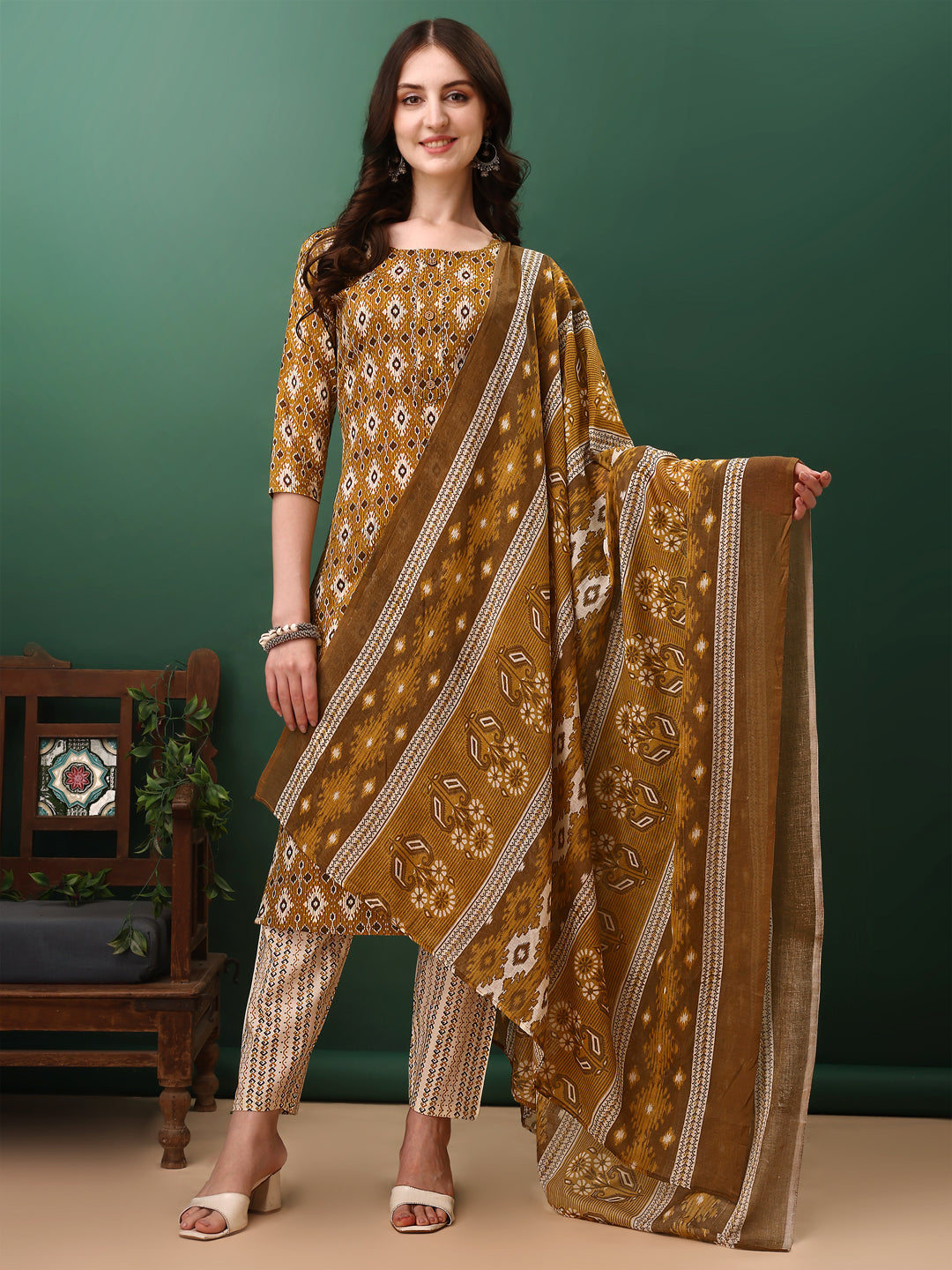 Ethnic Motifs Printed Kurta With Pant & Dupatta, Mustard - Hiral Fashion