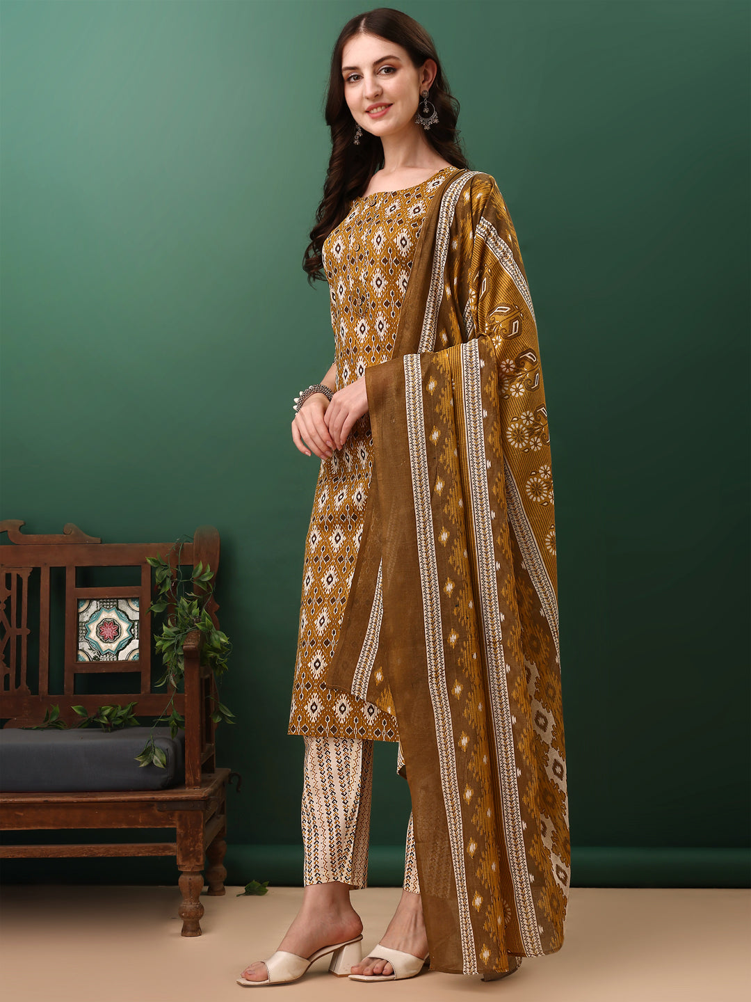Ethnic Motifs Printed Kurta With Pant & Dupatta, Mustard - Hiral Fashion