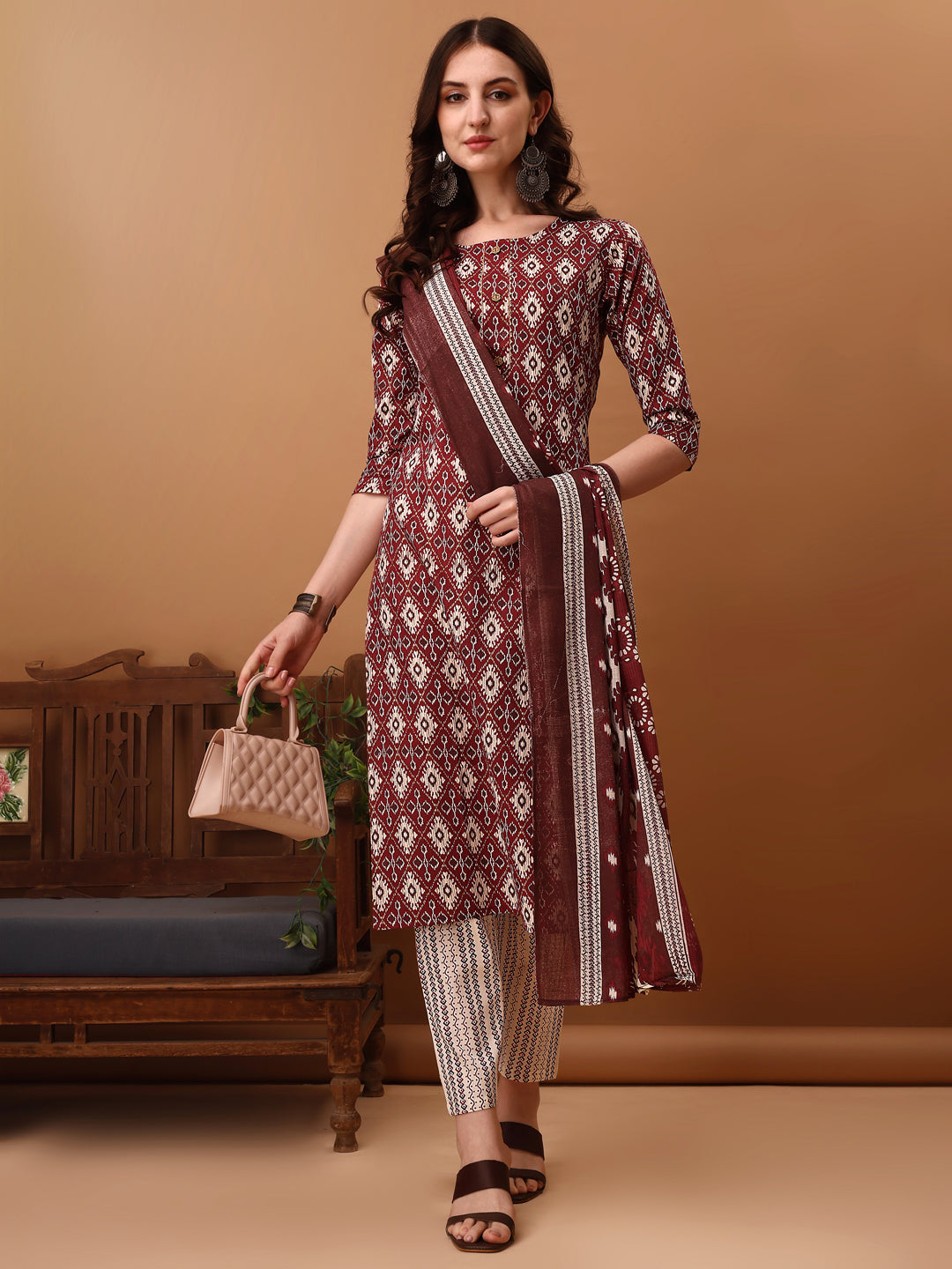 Ethnic Motifs Printed Kurta With Pant & Dupatta, Wine - Hiral Fashion
