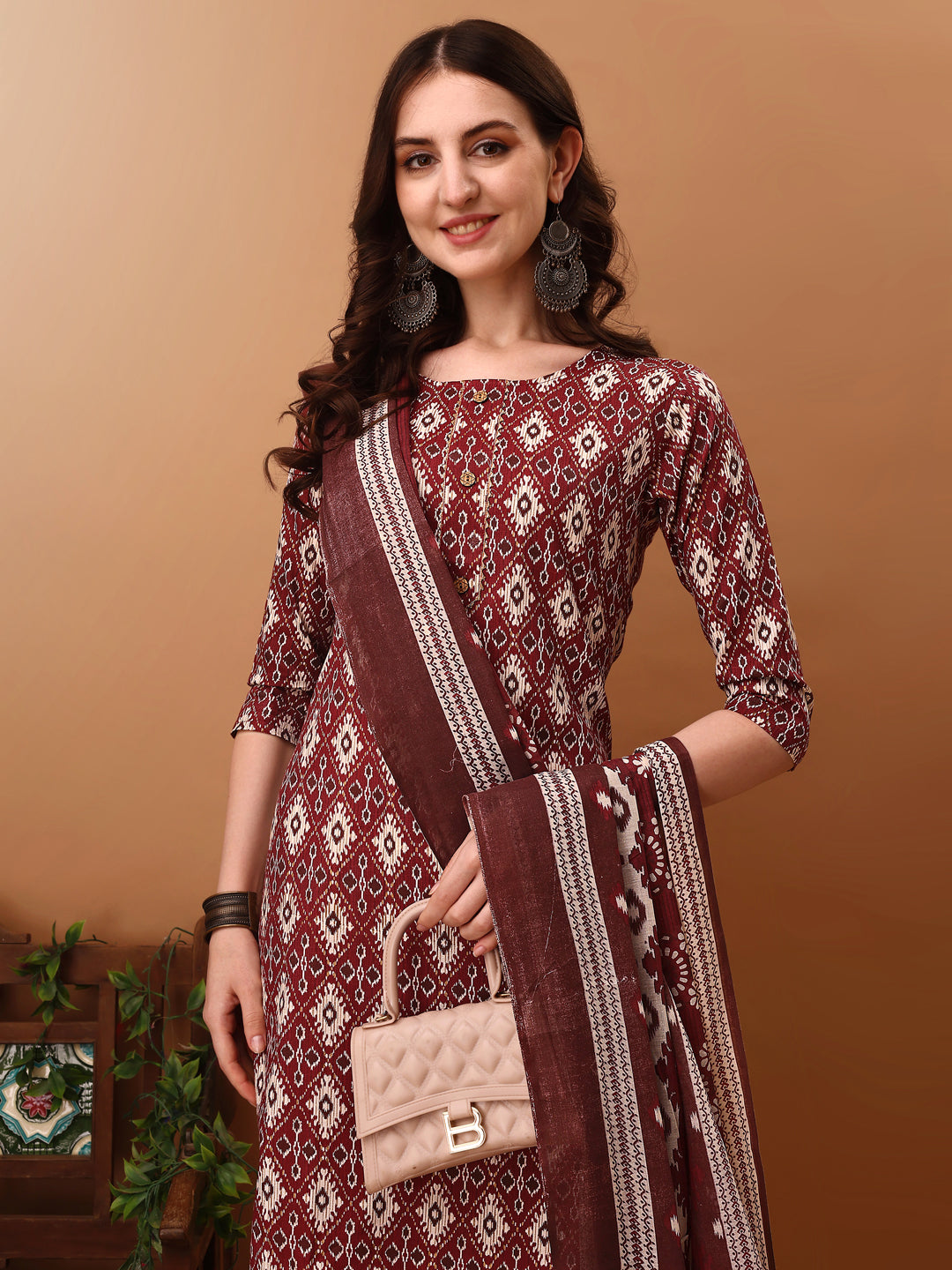 Ethnic Motifs Printed Kurta With Pant & Dupatta, Wine - Hiral Fashion