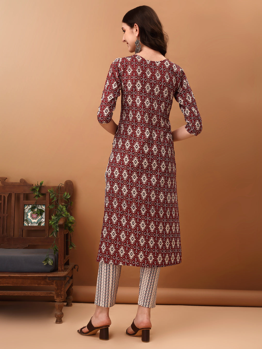 Ethnic Motifs Printed Kurta With Pant & Dupatta, Wine - Hiral Fashion