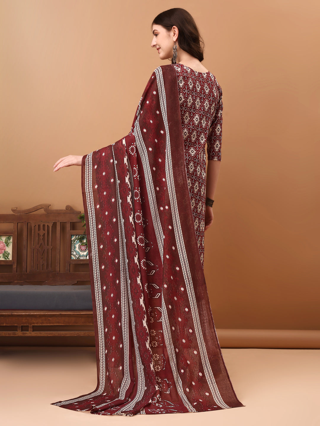 Ethnic Motifs Printed Kurta With Pant & Dupatta, Wine - Hiral Fashion