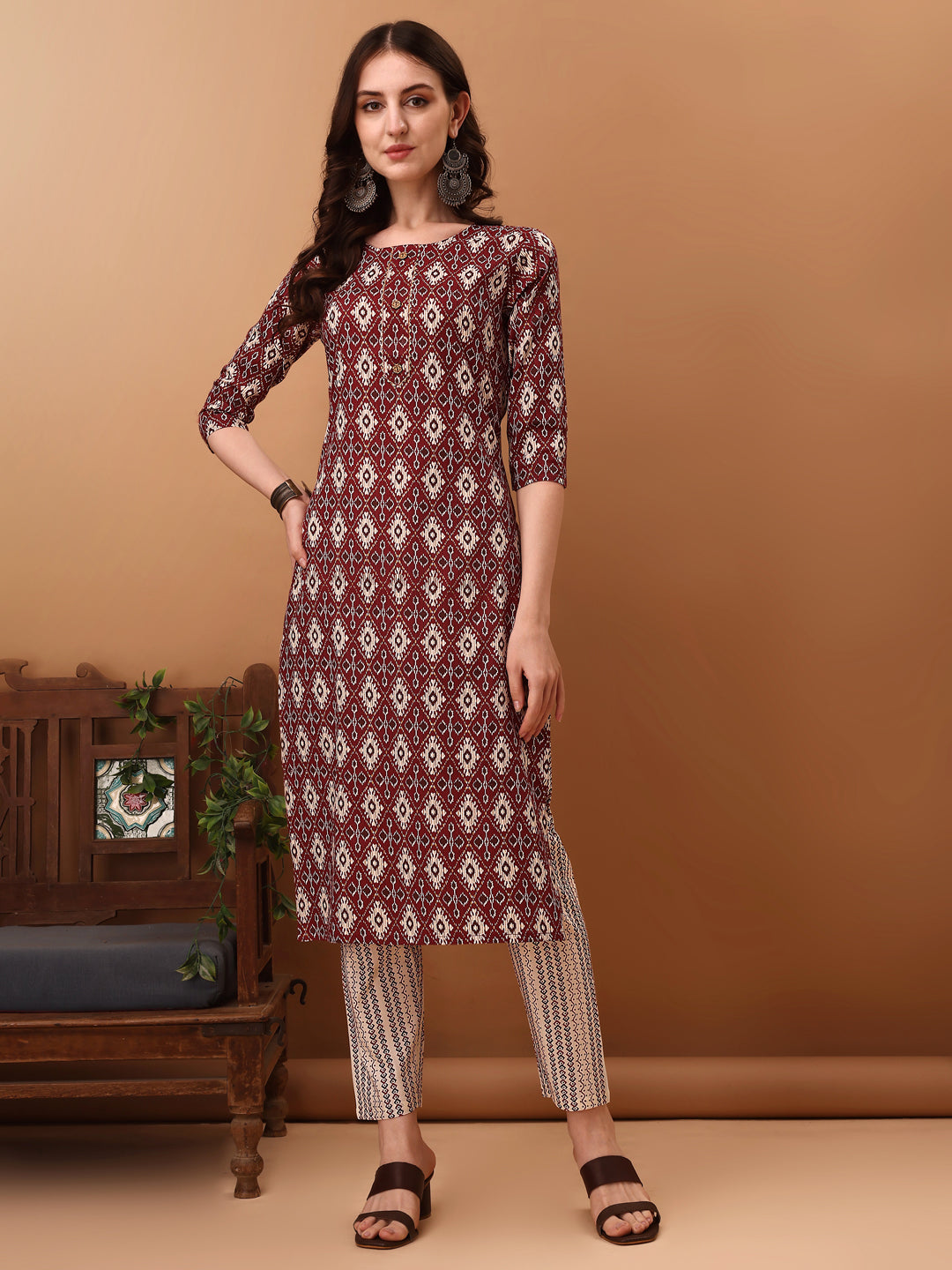 Ethnic Motifs Printed Kurta With Pant & Dupatta, Wine - Hiral Fashion