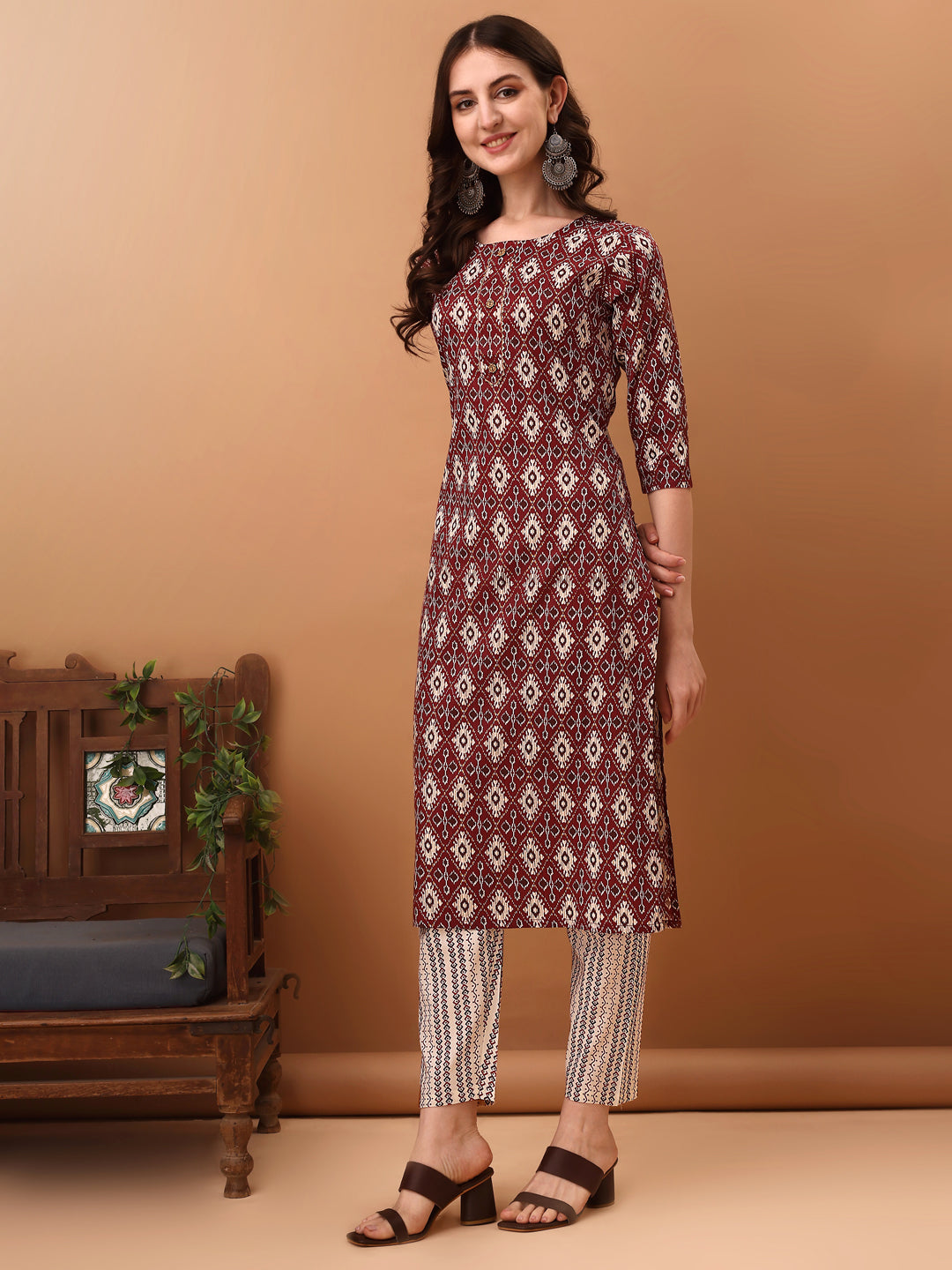 Ethnic Motifs Printed Kurta With Pant & Dupatta, Wine - Hiral Fashion
