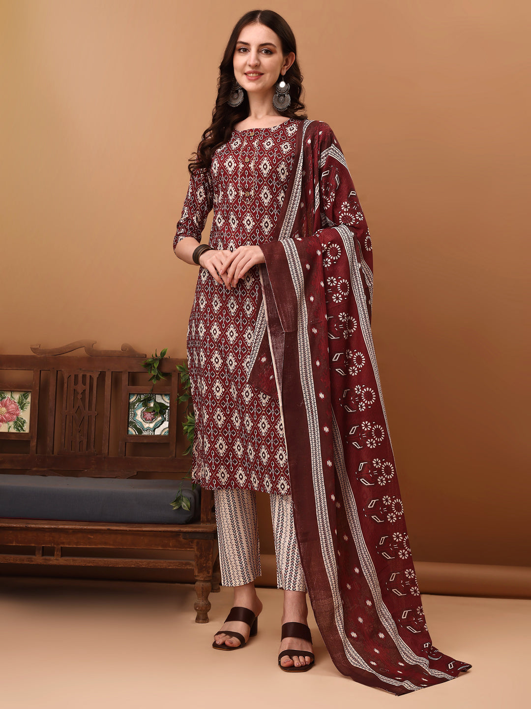 Ethnic Motifs Printed Kurta With Pant & Dupatta, Wine - Hiral Fashion