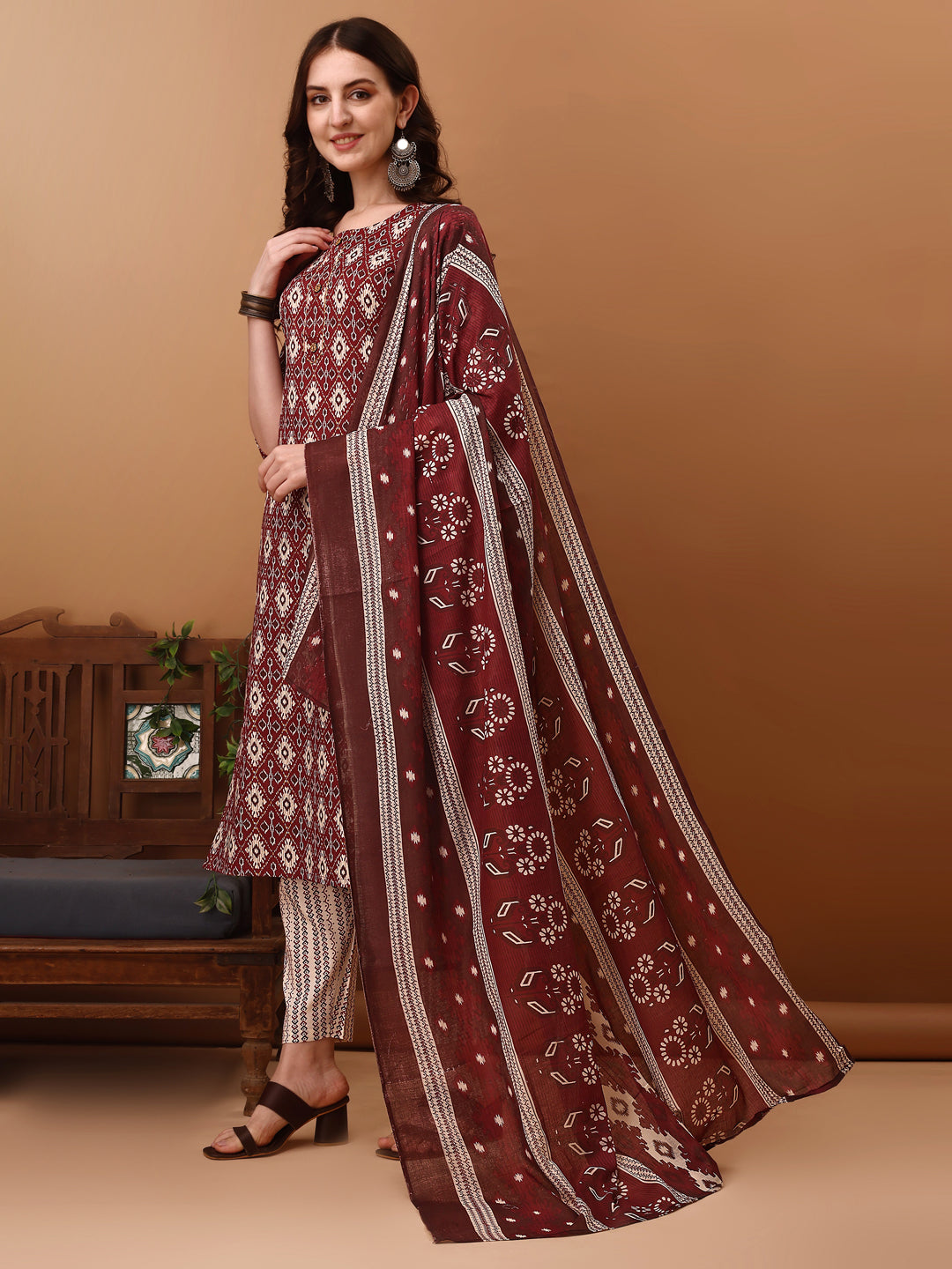 Ethnic Motifs Printed Kurta With Pant & Dupatta, Wine - Hiral Fashion