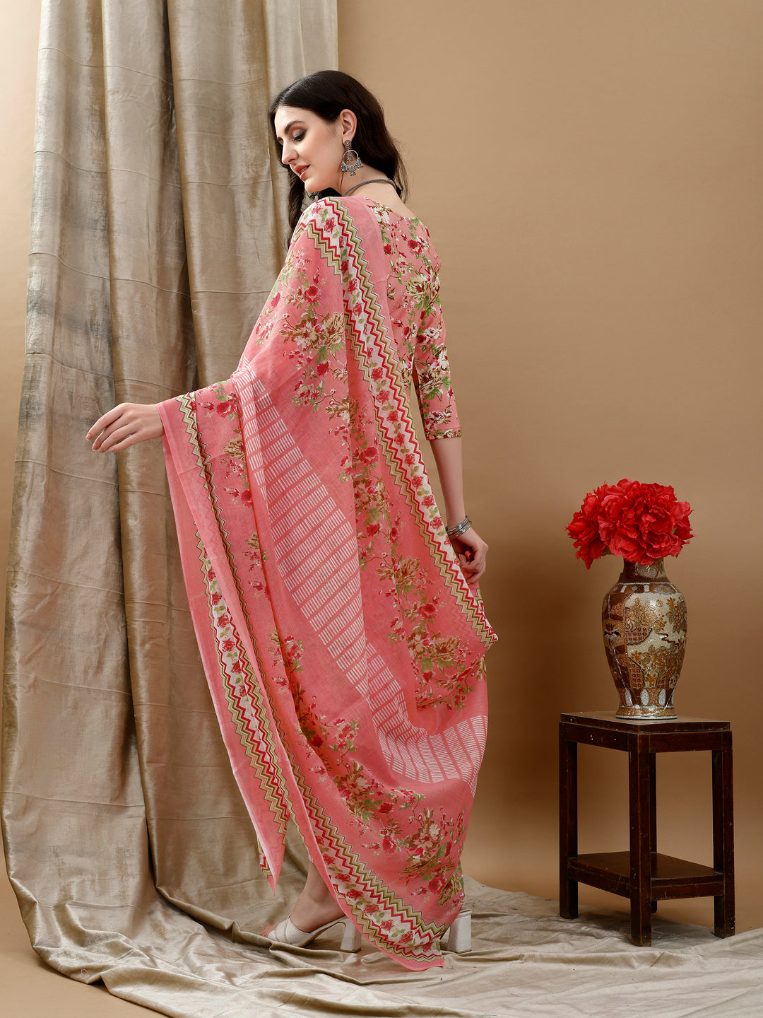 Floral Printed Kurta With Pant & Dupatta, Peach - Hiral Fashion