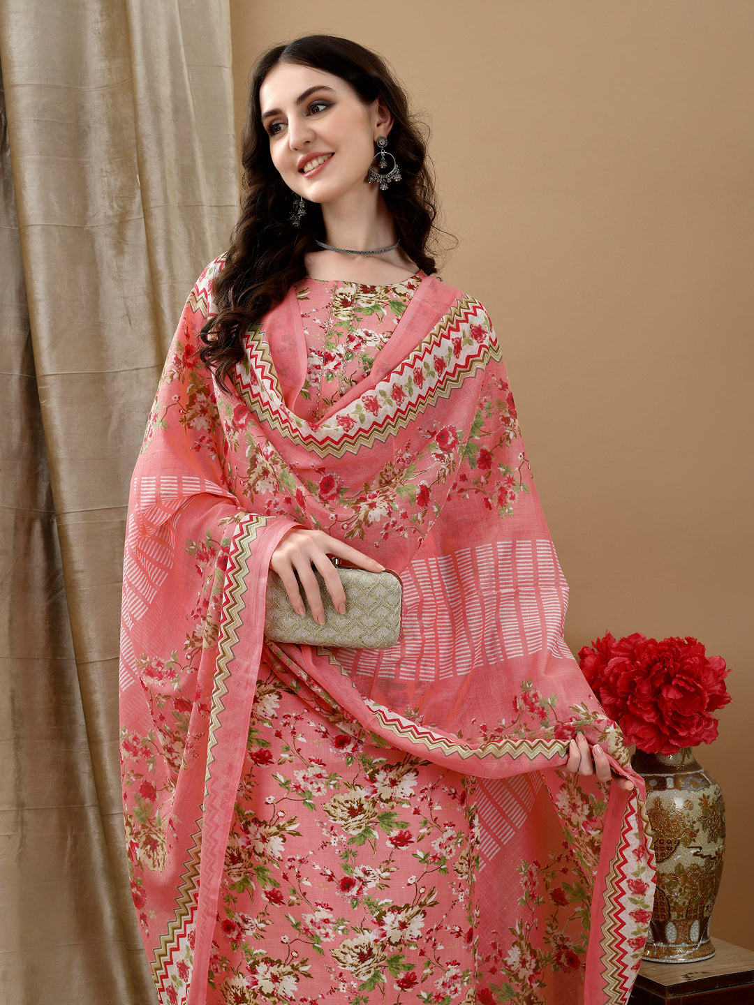 Floral Printed Kurta With Pant & Dupatta, Peach - Hiral Fashion