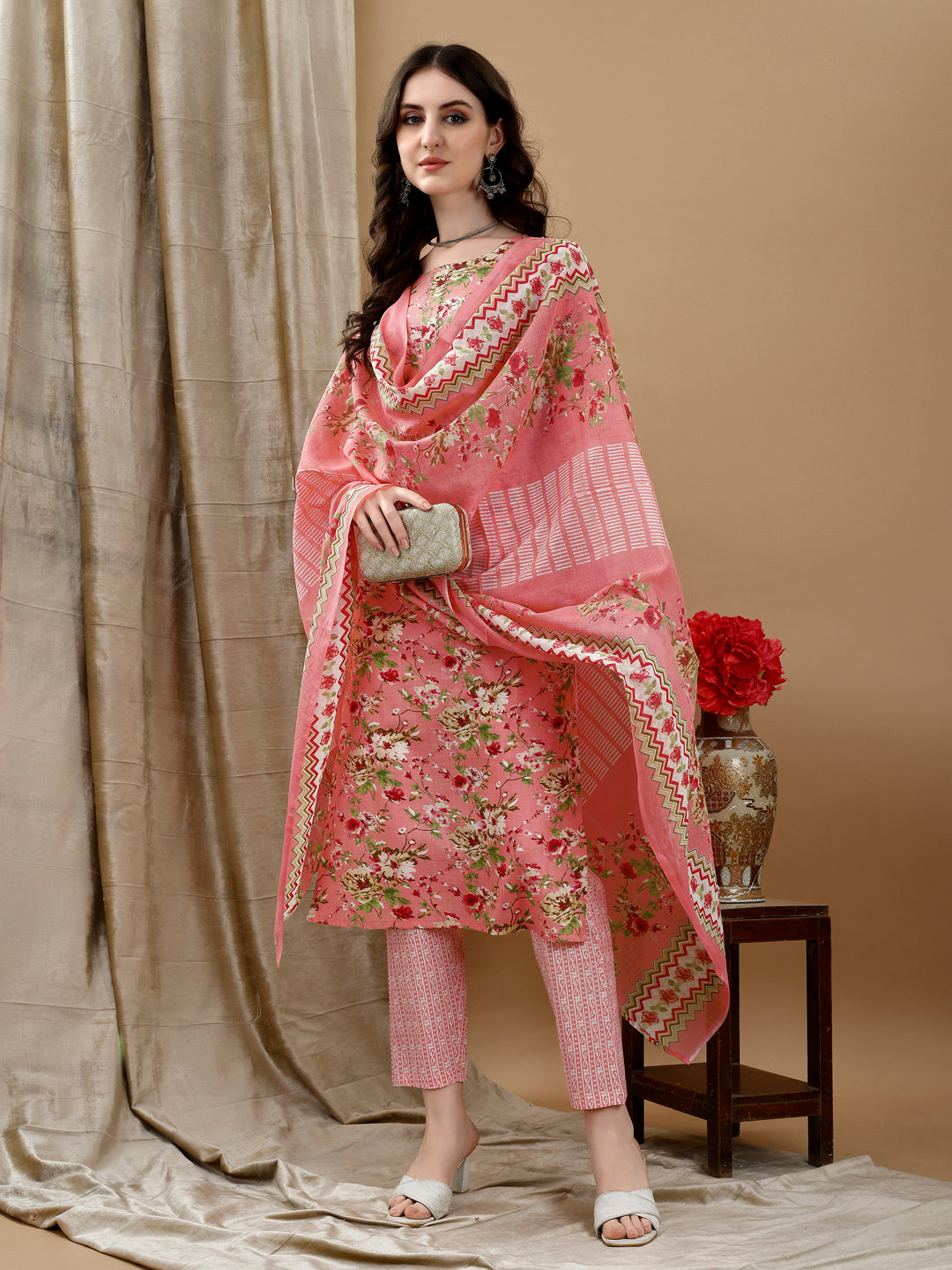Floral Printed Kurta With Pant & Dupatta, Peach - Hiral Fashion