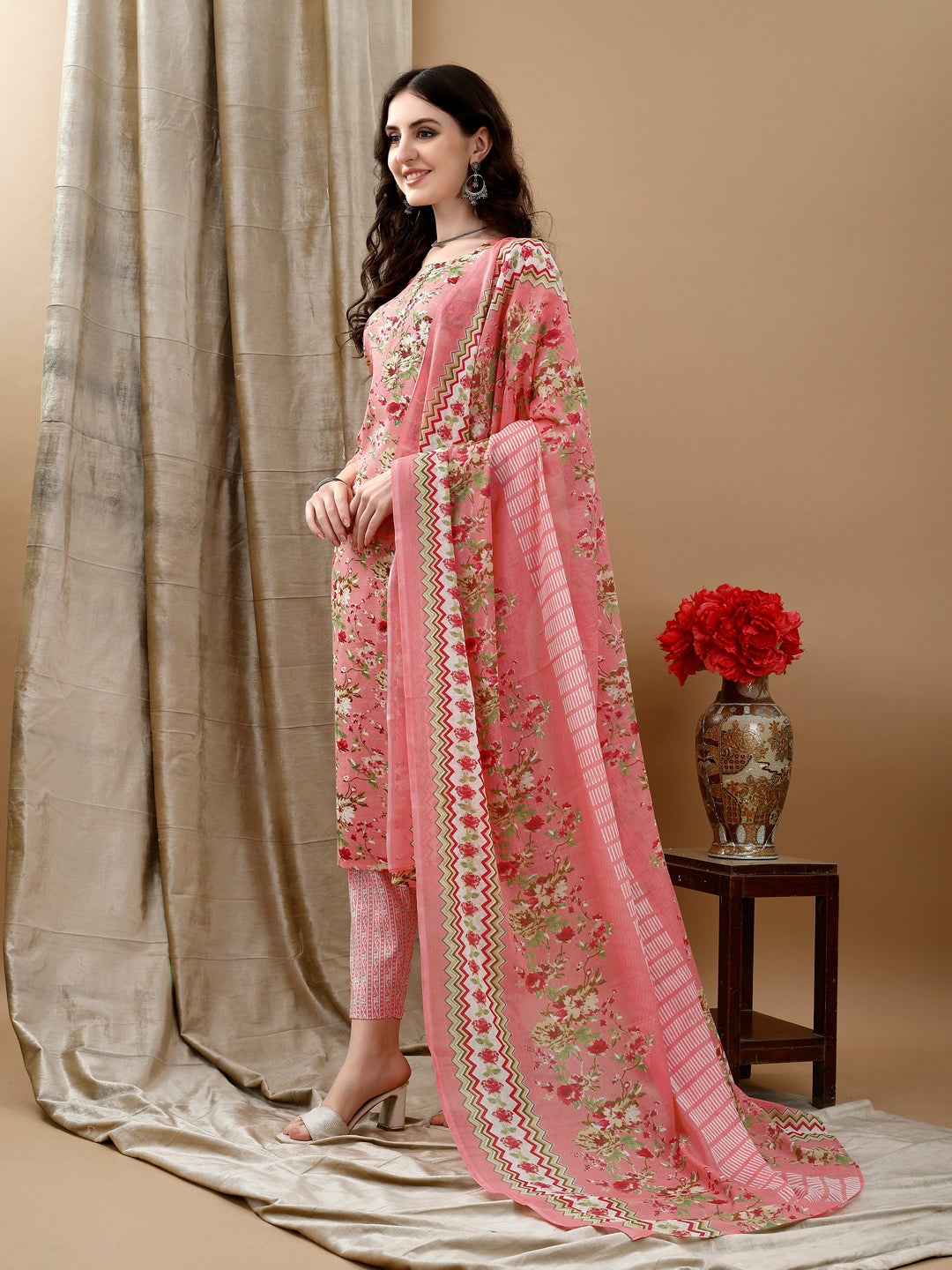Floral Printed Kurta With Pant & Dupatta, Peach - Hiral Fashion