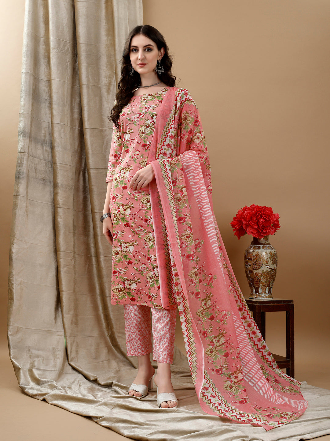 Floral Printed Kurta With Pant & Dupatta, Peach - Hiral Fashion