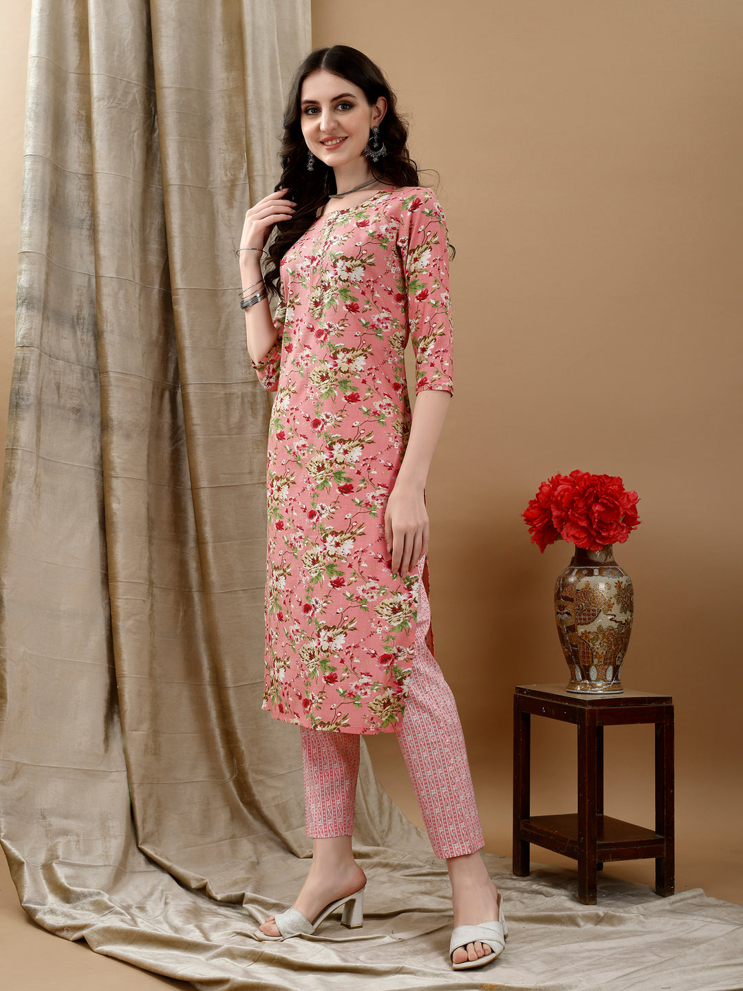 Floral Printed Kurta With Pant & Dupatta, Peach - Hiral Fashion