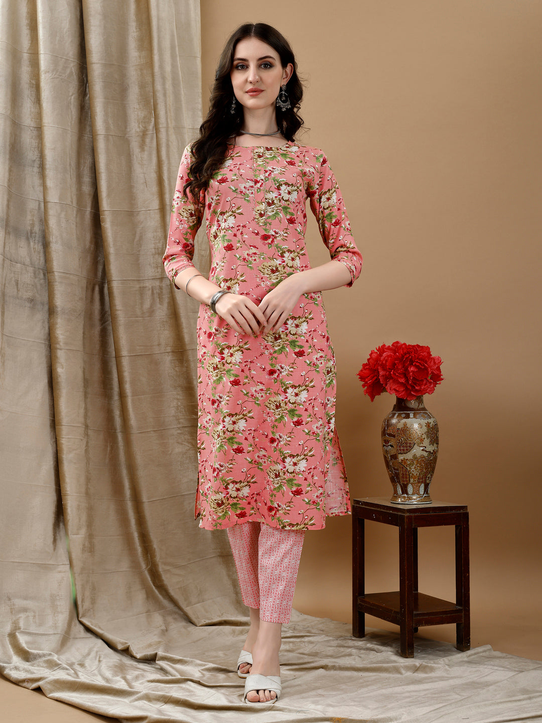 Floral Printed Kurta With Pant & Dupatta, Peach - Hiral Fashion