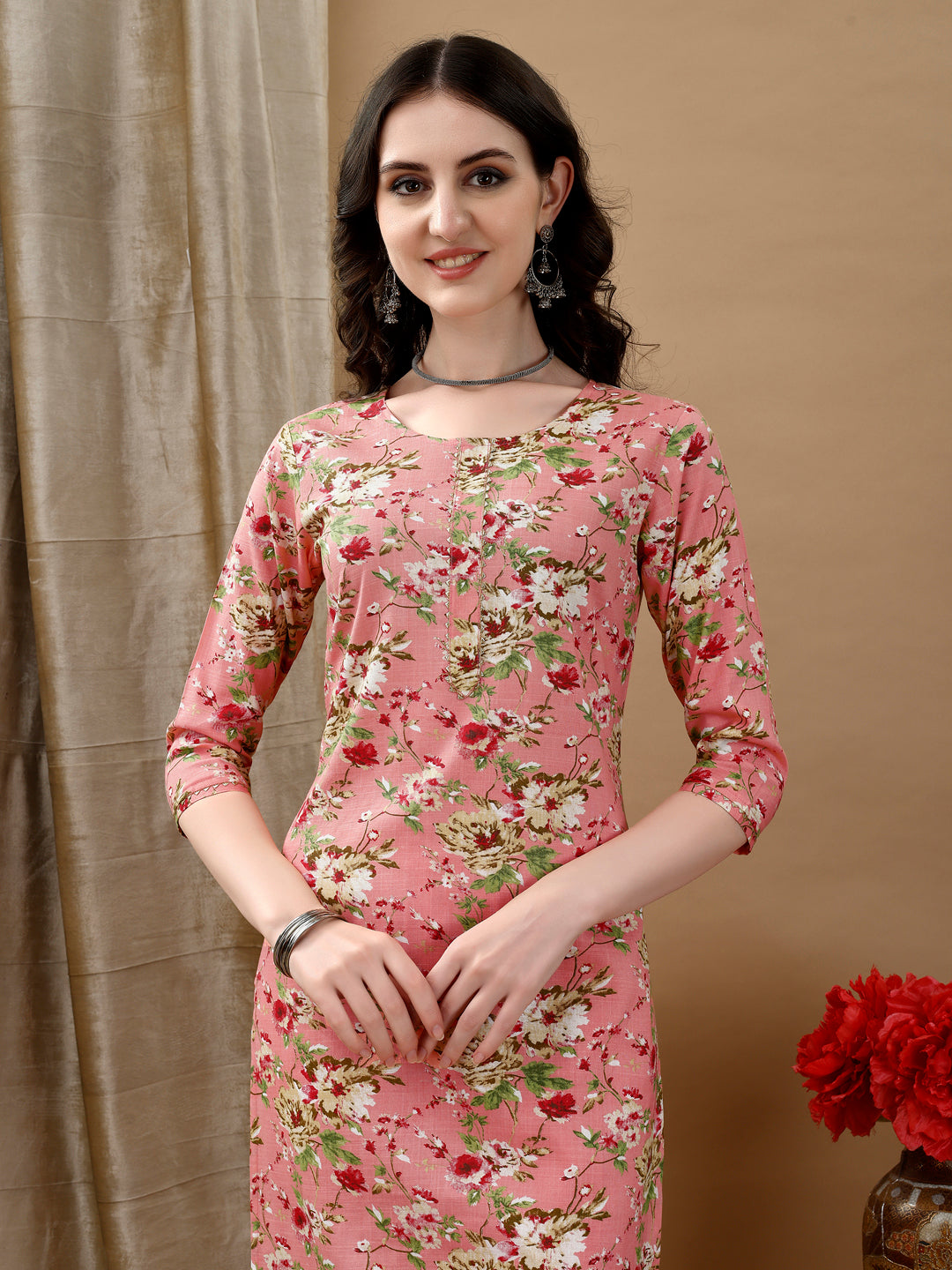 Floral Printed Kurta With Pant & Dupatta, Peach - Hiral Fashion