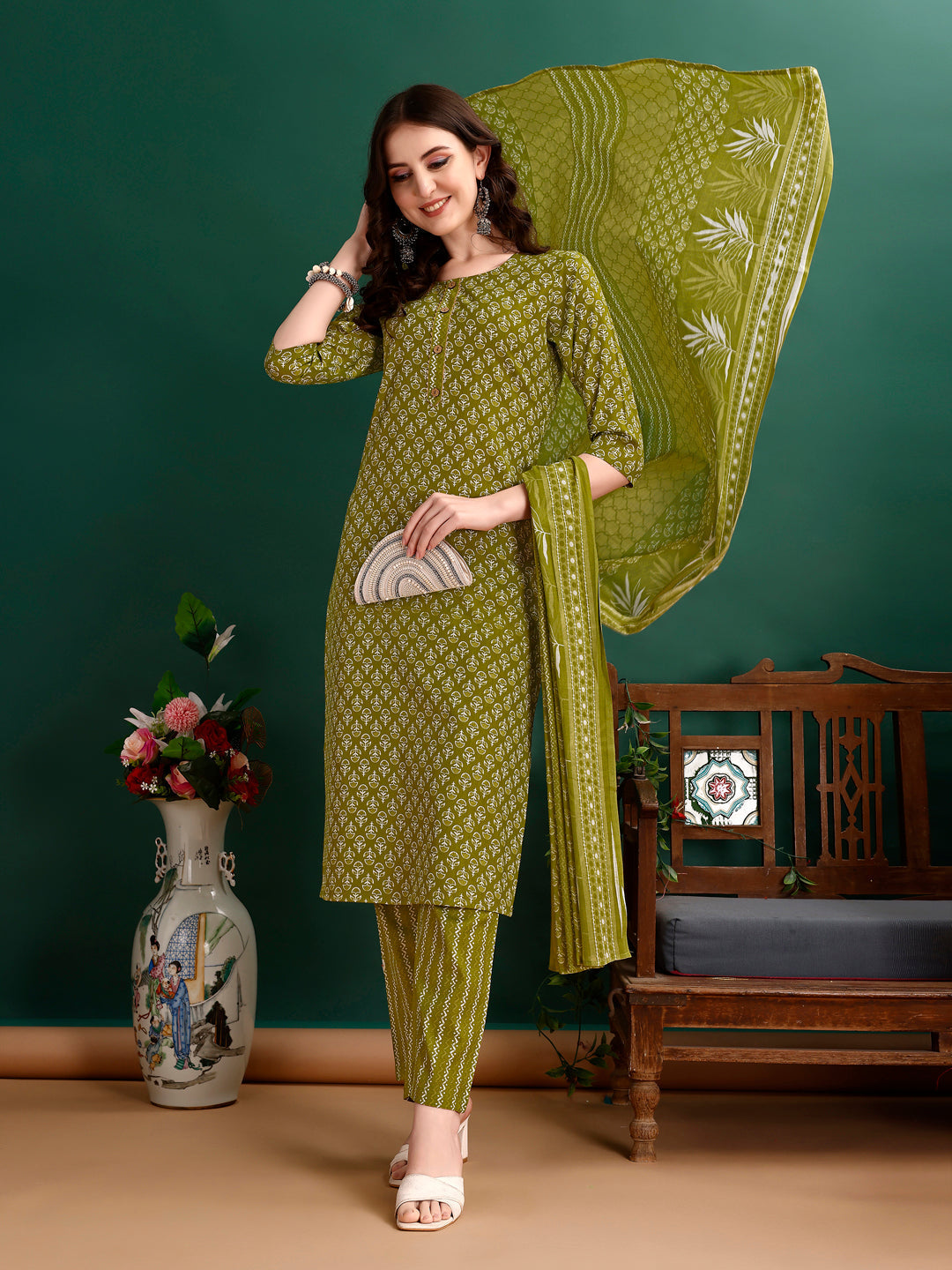 Ethnic Motifs Printed Kurta With Pant & Dupatta, Green - Hiral Fashion