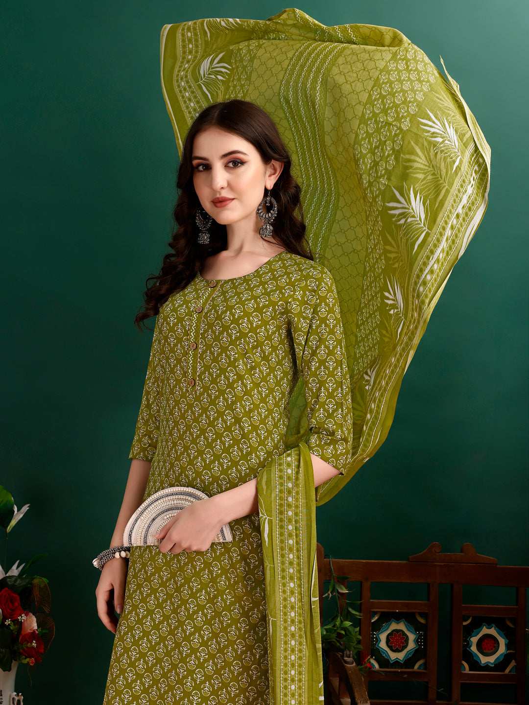 Ethnic Motifs Printed Kurta With Pant & Dupatta, Green - Hiral Fashion