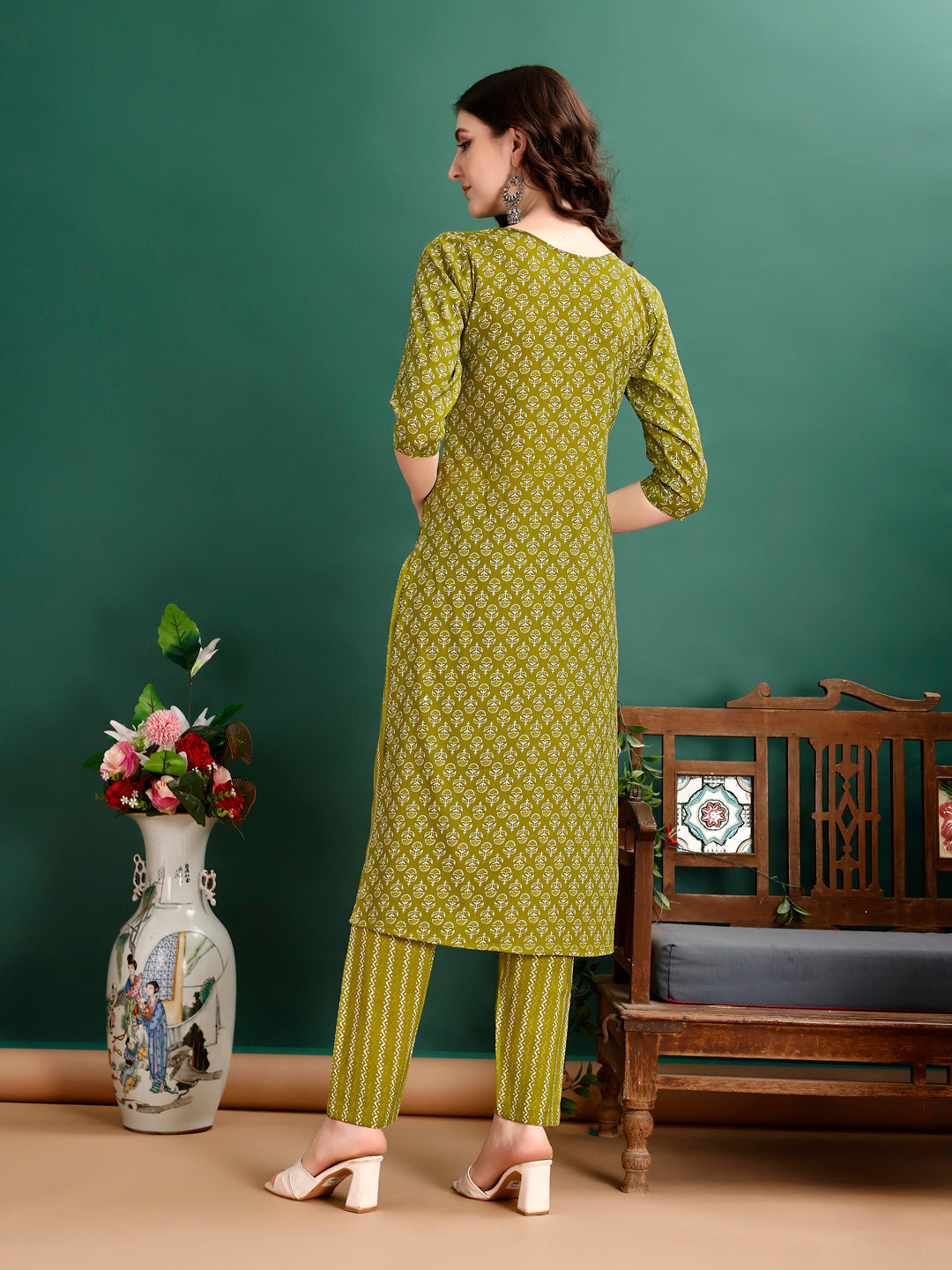 Ethnic Motifs Printed Kurta With Pant & Dupatta, Green - Hiral Fashion