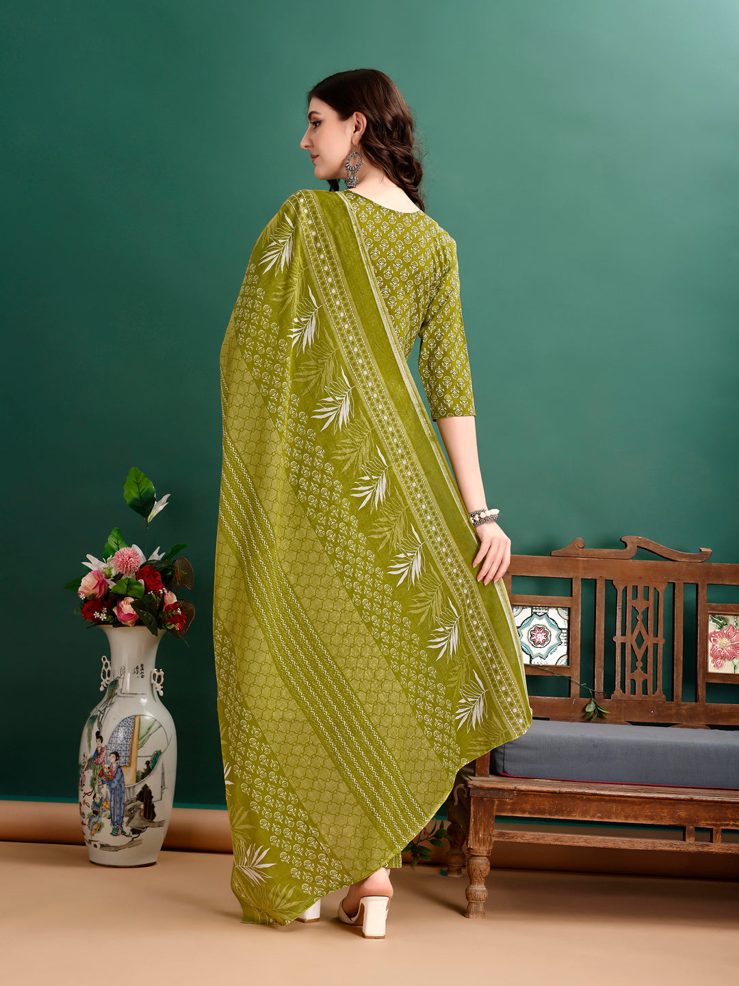 Ethnic Motifs Printed Kurta With Pant & Dupatta, Green - Hiral Fashion