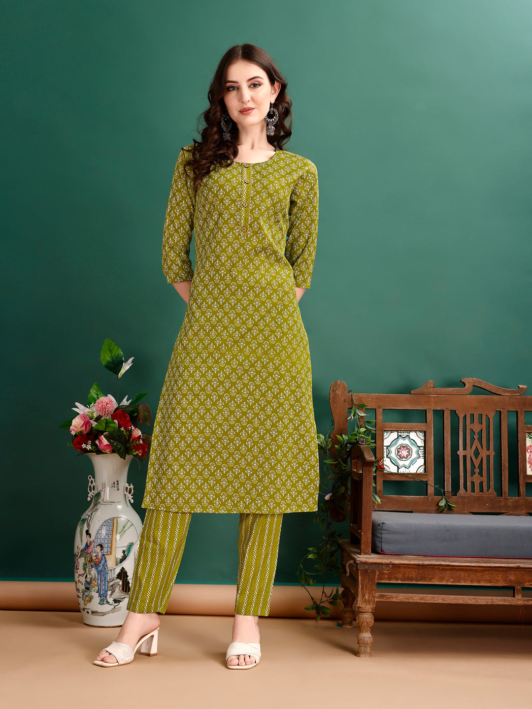 Ethnic Motifs Printed Kurta With Pant & Dupatta, Green - Hiral Fashion